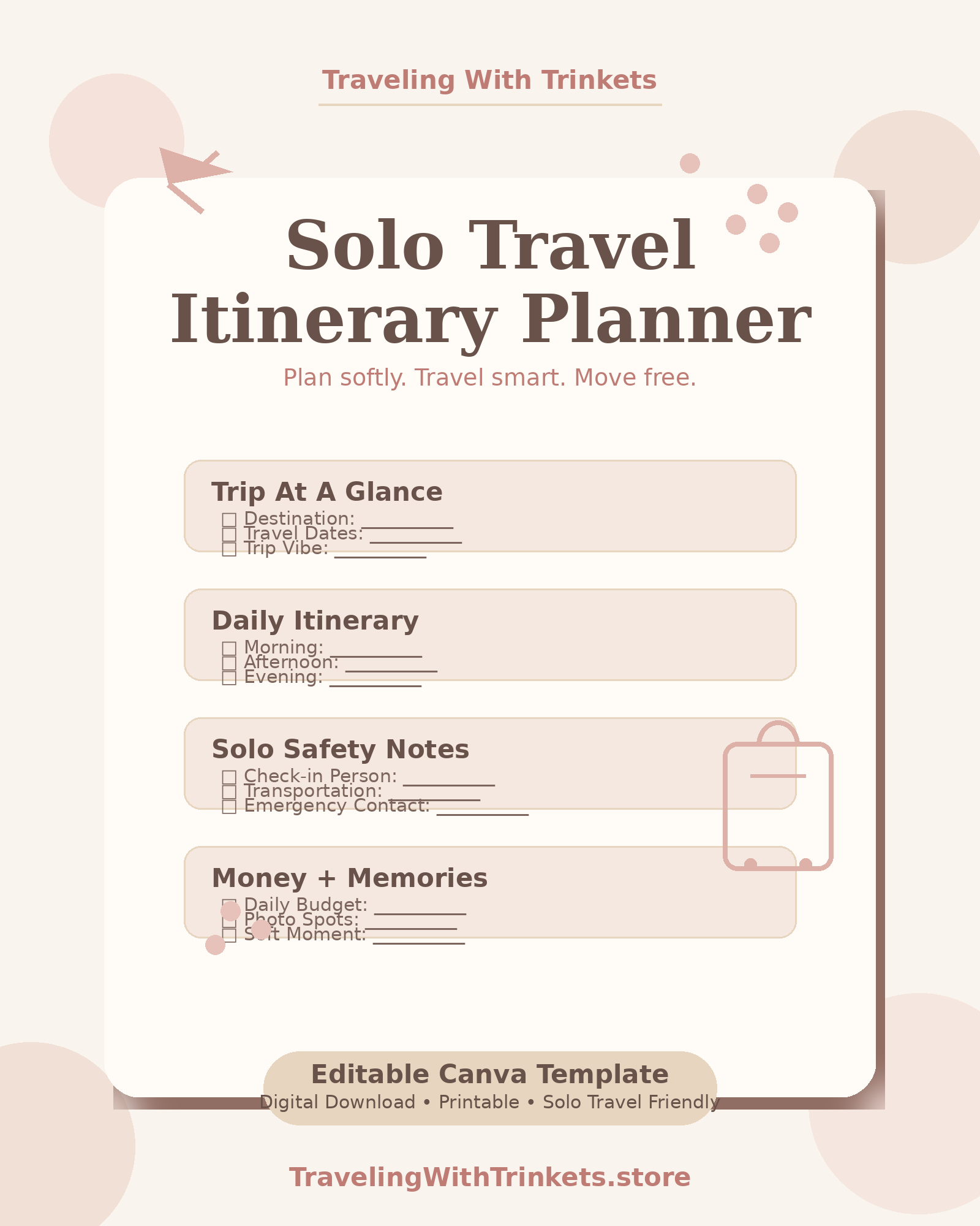 Solo Travel Itinerary Planner editable Canva template digital download by Traveling With Trinkets
